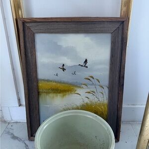 Vintage Marshland Duck Painting in Rustic Wood Frame - Green, Yellow
